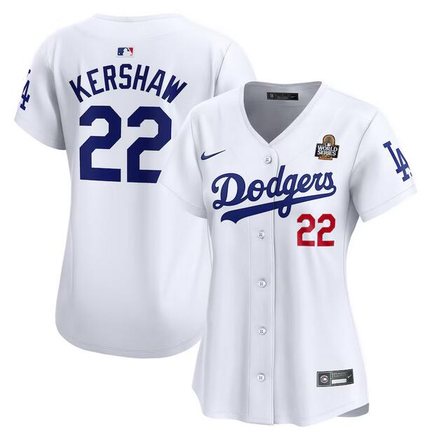 Women's Los Angeles Dodgers #22 Clayton Kershaw White 2024 World Series Home Limited Stitched Baseball Jersey(Run Small) Women's Los Angeles Dodgers #22 Clayton Kershaw White 2024 World Series Home Limited Stitched Baseball Jersey(Run Small)